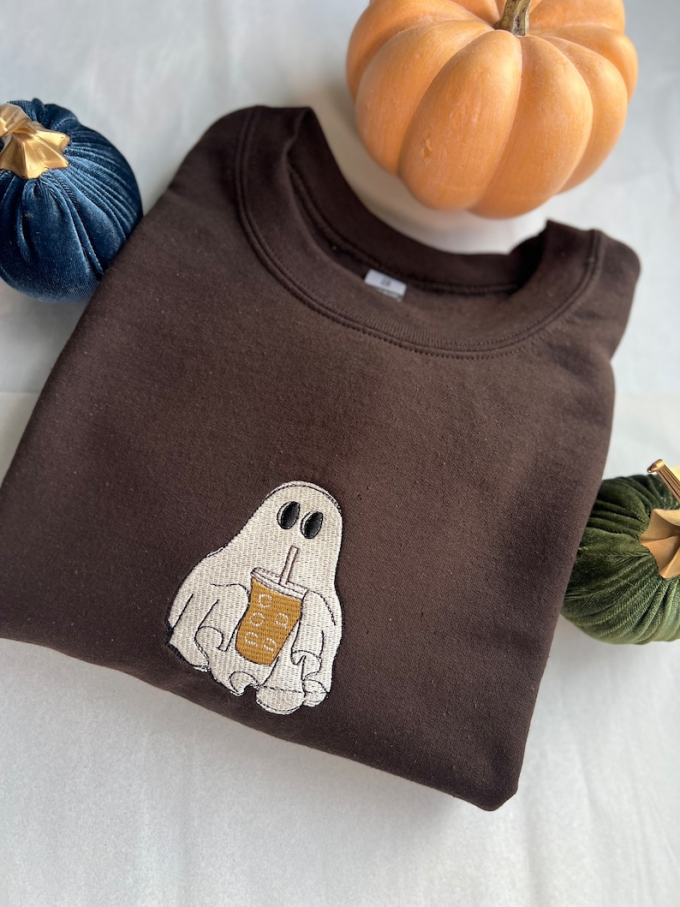 Stay Cozy And Caffeinated: Ghost With Coffee Embroidered Sweatshirt 3