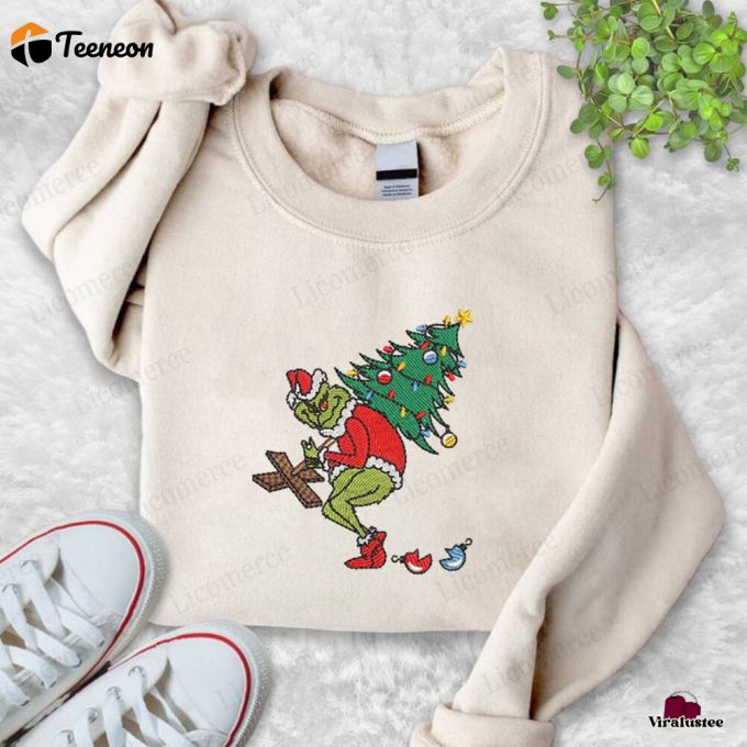 Cozy Grinch Embroidered Sweatshirt: Festive And Fun Holiday Apparel 1