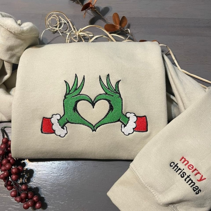 Spread Holiday Cheer With Grinch Heart Hands Embroidered Shirt – Festive And Stylish Apparel 3