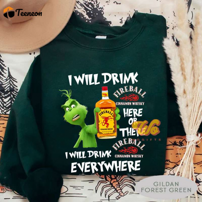 Get Festive With Grinch: Fireball Cinnamon Whisky Printed Shirt - Perfect For Holiday Celebrations! 1