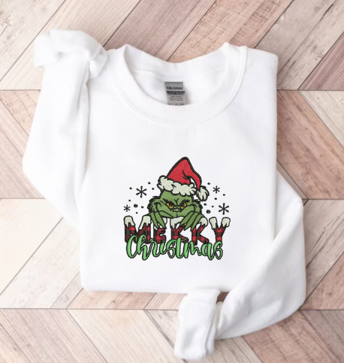 Get Festive With A Grinch Merry Christmas Embroidered Sweatshirt - Perfect For Holiday Cheer! 2