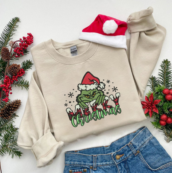 Get Festive With A Grinch Merry Christmas Embroidered Sweatshirt - Perfect For Holiday Cheer! 3