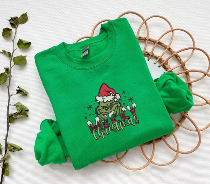 Get Festive With A Grinch Merry Christmas Embroidered Sweatshirt - Perfect For Holiday Cheer! 4