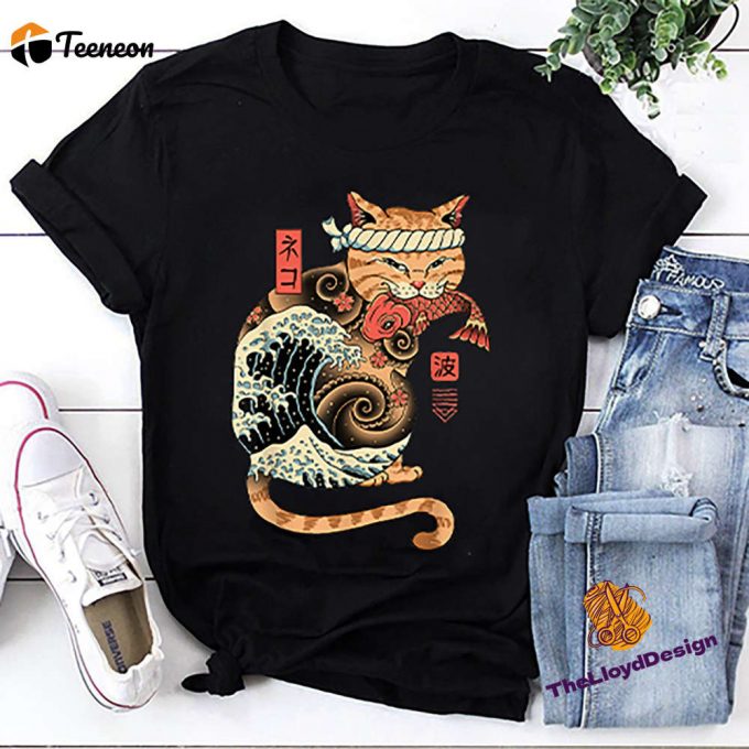 Samurai Cat T-Shirt: Retro Japanese Catana Wave Shirt Unisex Kawaii Tee – Perfect Cat Lover Gift 1