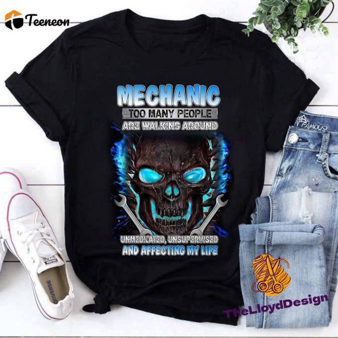 Mechanic Skull Shirt: Unmedicated Unsupervised Vintage Unisex T-Shirt 1