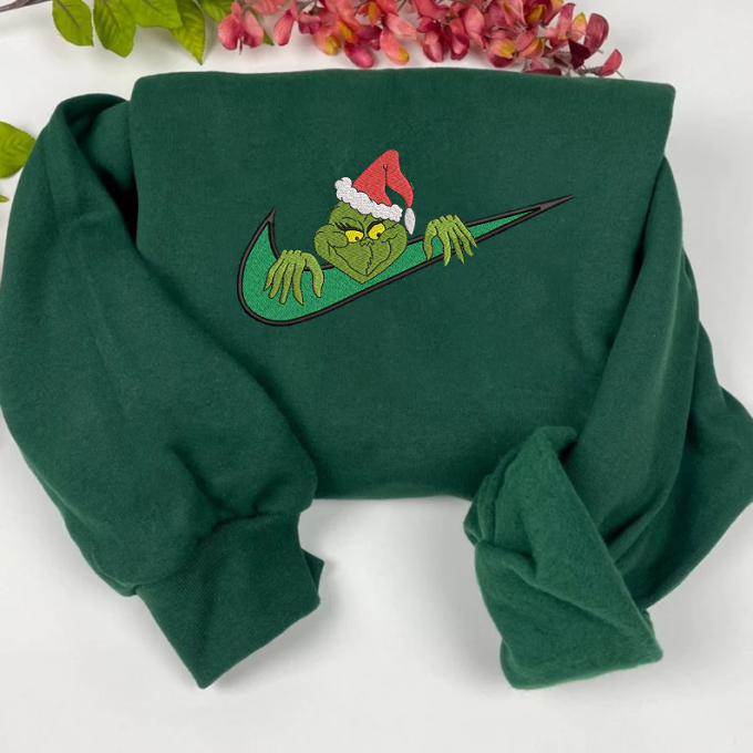 Merry Christmas Grinch Embroidered Sweatshirt: Festive Holiday Apparel With Whimsical Grinch Design 2