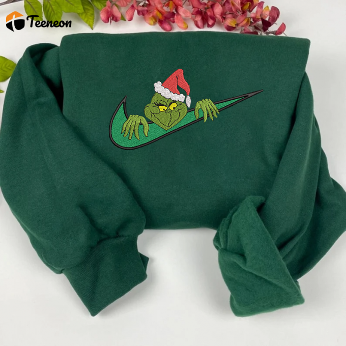 Merry Christmas Grinch Embroidered Sweatshirt: Festive Holiday Apparel With Whimsical Grinch Design 1