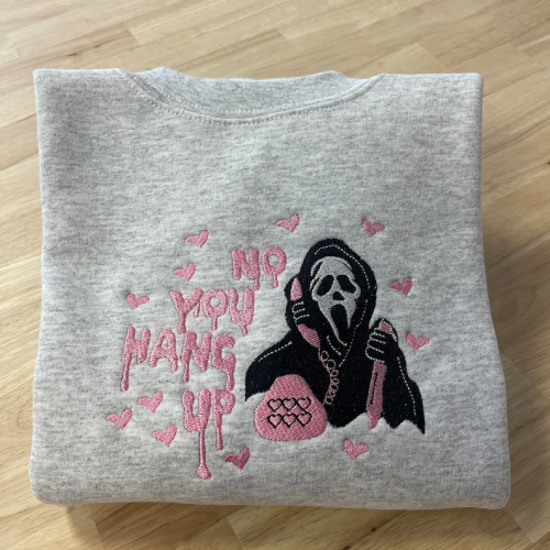 Spooky Style: No You Hang Up Ghostface Scream Embroidered Shirt – Unique & Terrifying Design!