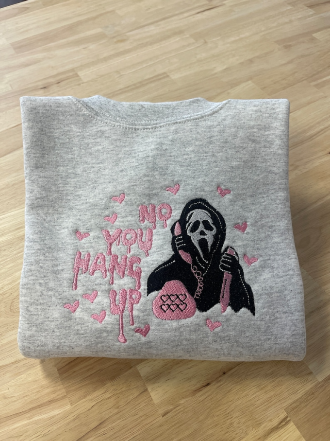 Spooky Style: No You Hang Up Ghostface Scream Embroidered Shirt - Unique &Amp; Terrifying Design! 2