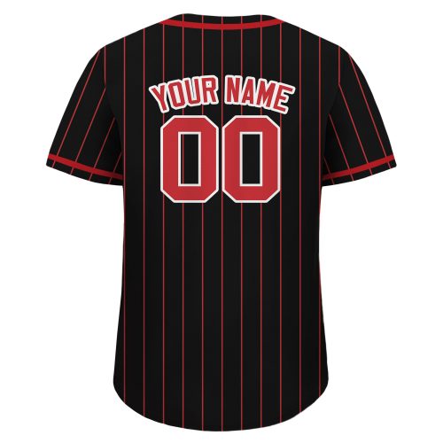 Custom Baseball Jersey: Personalized Teamname Name Number for Men Women Youth – Black Red Pinstripe Button Down Jersey