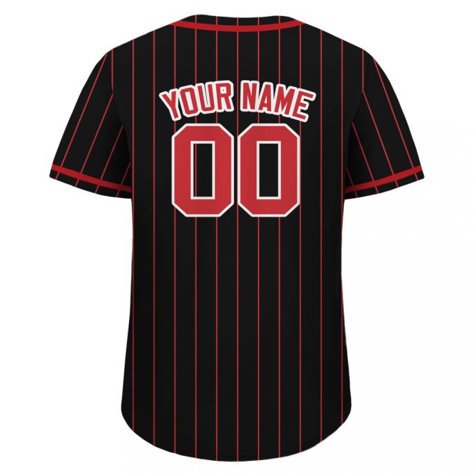 Custom Baseball Jersey: Personalized Teamname Name Number For Men Women Youth - Black Red Pinstripe Button Down Jersey 2