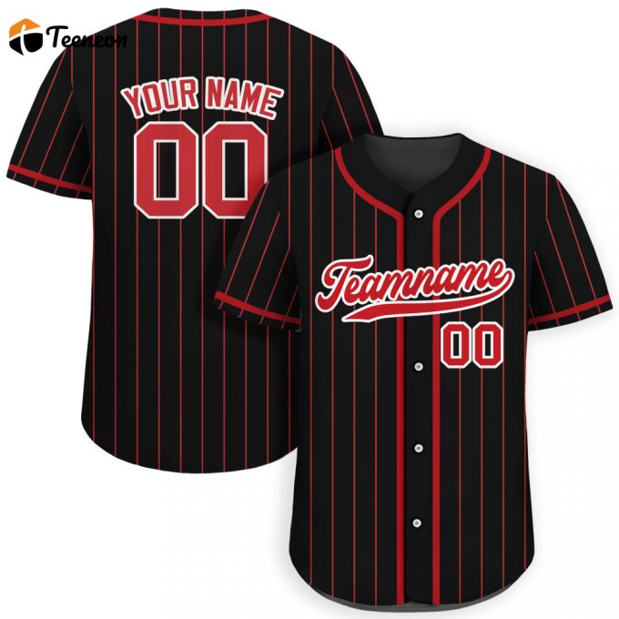 Custom Baseball Jersey: Personalized Teamname Name Number For Men Women Youth - Black Red Pinstripe Button Down Jersey 1