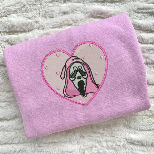 Stylish Pink Heart Ghost Embroidered Shirt: Trendy & Unique Fashion for Ghost Lovers