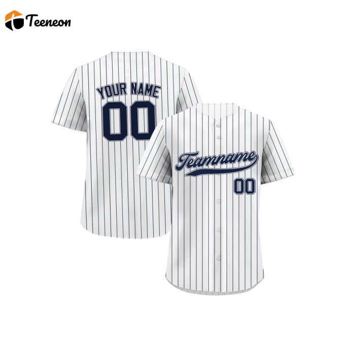 Personalized Pinstripe Baseball Jersey - Custom Teamname Name Number - For Men Women And Youth - Stylish Jerseys Shirt - Perfect Gifts For Baseball Fans - Printed In White Navy 1