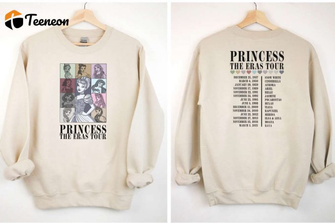 Disney Princess Eras Tour Sweatshirt – Vintage 2-Sided Print T-Shirt With Retro Cartoon Princesses Discover The Magic Of Disneyworld Vintage Disney Shirts For All Ages 1