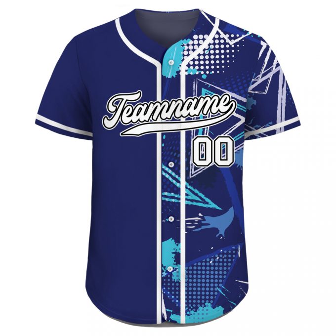 Custom Printed Blue Graffiti Baseball Jersey Personalized Teamname Name Number Men Women Youth Split Button Down Design 2