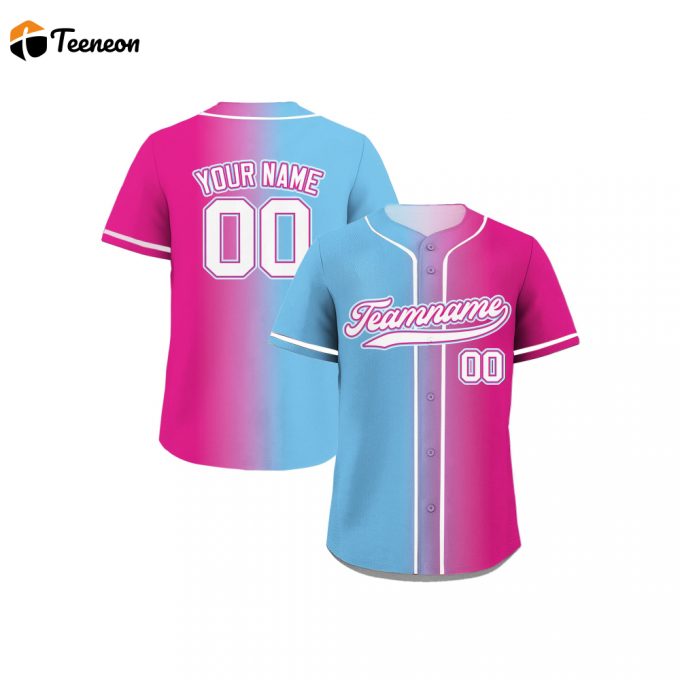 Shop The Stylish And Personalized Printed Blue Pink Gradient Custom Baseball Jersey With Teamname Name Number - Perfect Jerseys Shirt For Men Women Youth Ideal Gifts For Passionate Baseball Fans 1