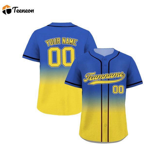 Stylish Blue Yellow Gradient Custom Baseball Jersey Personalized Teamname Name Number Men Women Youth Sizes Perfect Gifts For Baseball Fans 1