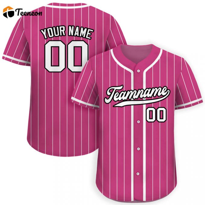 Get Your Personalized Pink White Custom Baseball Jersey - Teamname Name Number Perfect Jersey For Men Women And Youth Engaging Pinstripe Button Down Design 1