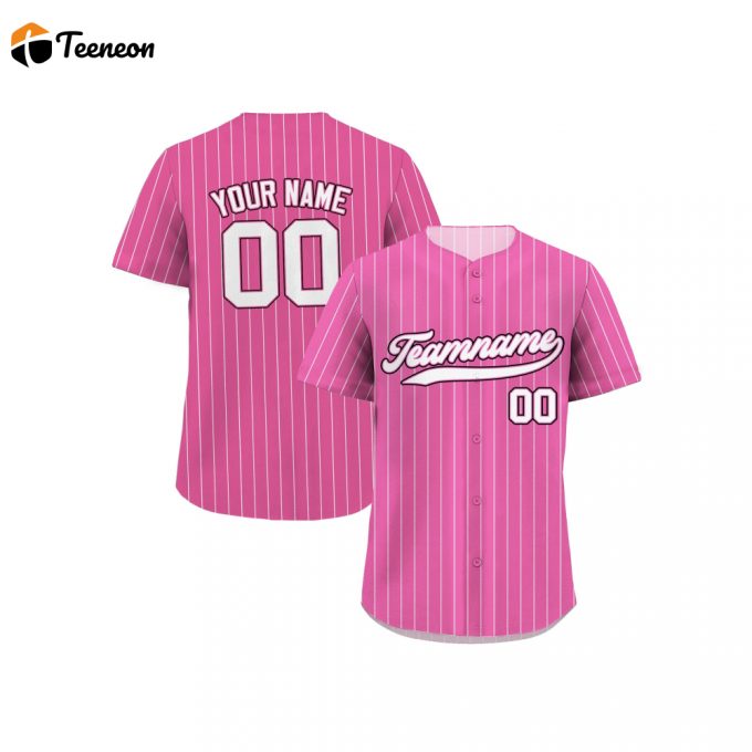 Stylish Pink White Pinstripe Custom Baseball Jersey With Personalized Teamname Name &Amp;Amp; Number - Ideal Jerseys For Men Women And Youth Perfect Gifts For Baseball Fans! 1