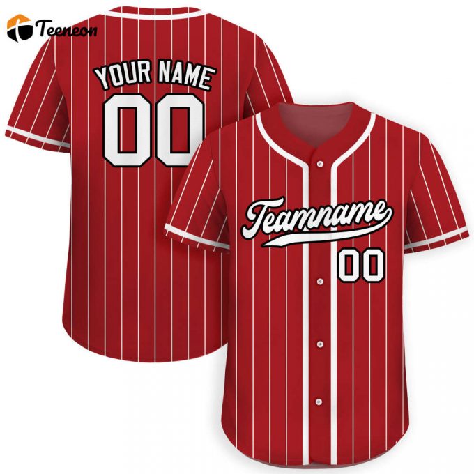 Custom Red And White Baseball Jersey With Teamname Name And Number - Personalized Pinstripe Button Down Jersey For Men Women And Youth 1