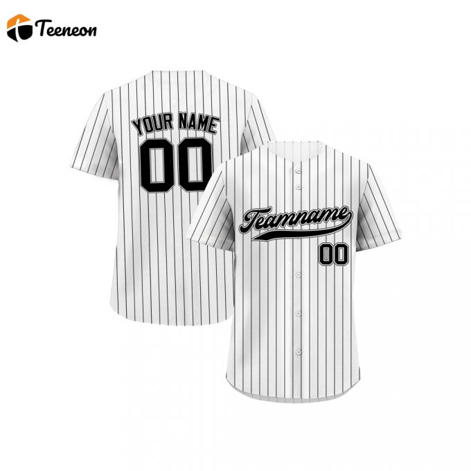 Custom Printed White Black Pinstripe Baseball Jersey With Teamname Name Number – Perfect Jerseys For Men Women And Youth Fans Ideal Gift For Baseball Enthusiasts 1