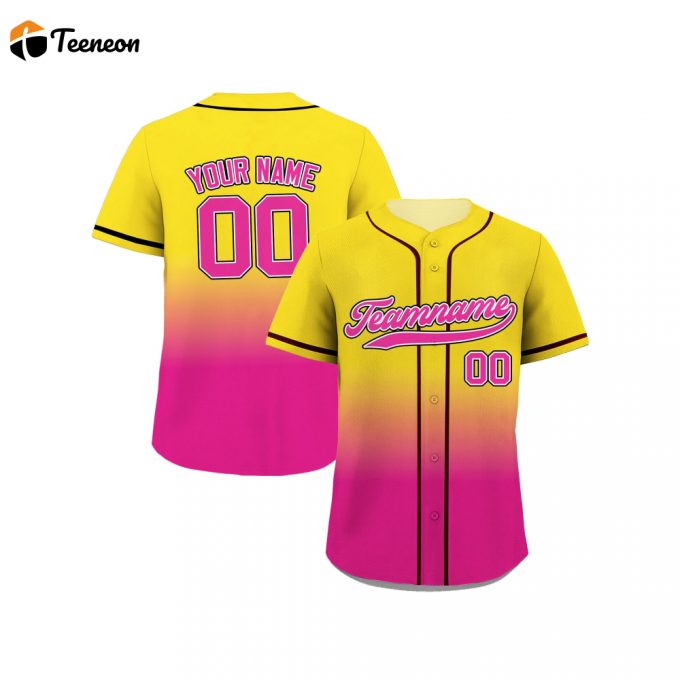 Custom Printed Yellow Pink Gradient Baseball Jersey With Teamname Name Number - For Men Women Youth - Perfect Baseball Fan Gift 1