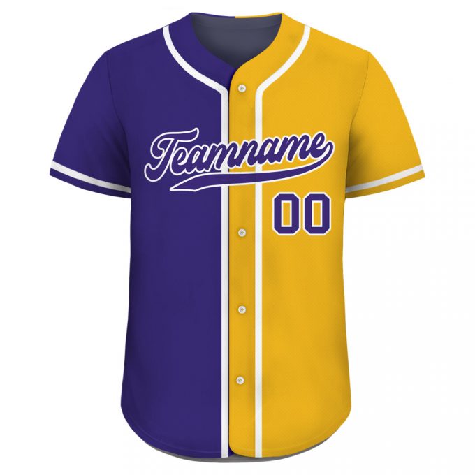 Custom Printed Yellow Purple Baseball Jersey - Personalized Split Button Down For Men Women Youth - Teamname Name Number - Shop Now! 2