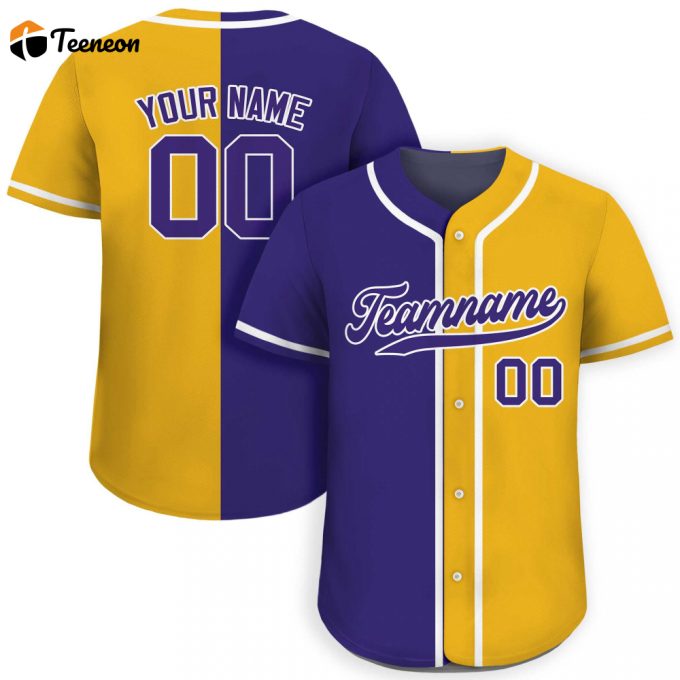 Custom Printed Yellow Purple Baseball Jersey - Personalized Split Button Down For Men Women Youth - Teamname Name Number - Shop Now! 1