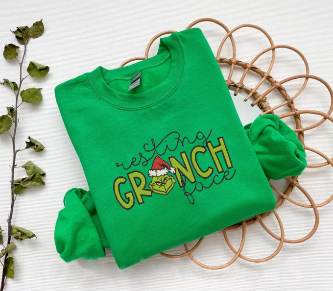 Get Festive With Resting Grinch Face Embroidered Sweatshirt - Perfect For Holiday Season 3