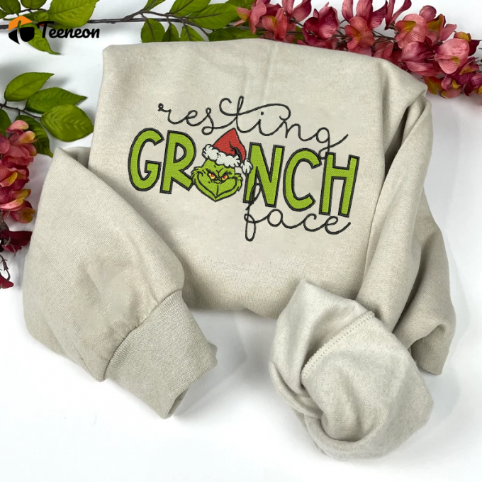 Get Festive With Resting Grinch Face Embroidered Sweatshirt - Perfect For Holiday Season 1