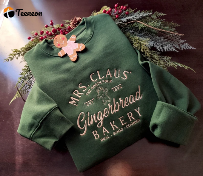 Get Festive With Santa Claus Gingerbread Bakery Embroidered Sweatshirt - Perfect Holiday Apparel! 1