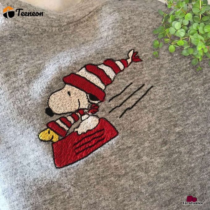 Snoopy And Woodstock Sledding Sweatshirt: Embroidered Winter Fun For Peanuts Fans! 1