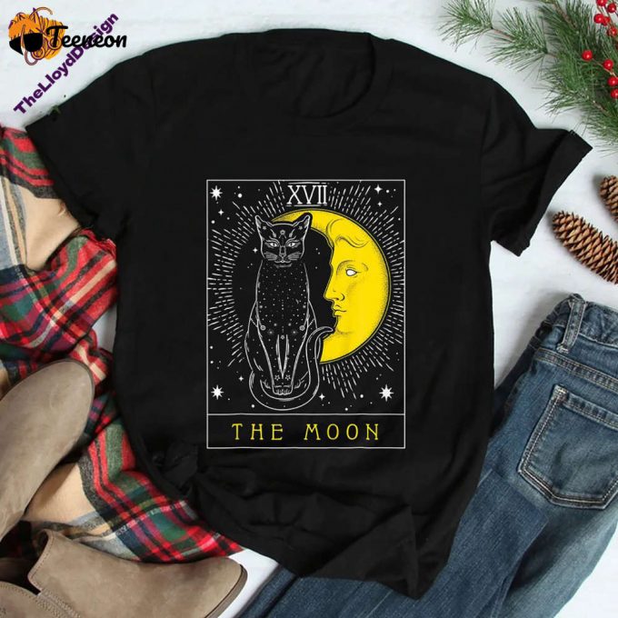 Tarot Card Crescent Moon &Amp;Amp; Cat T-Shirt - Vintage Unisex Cat Lover Shirt 1