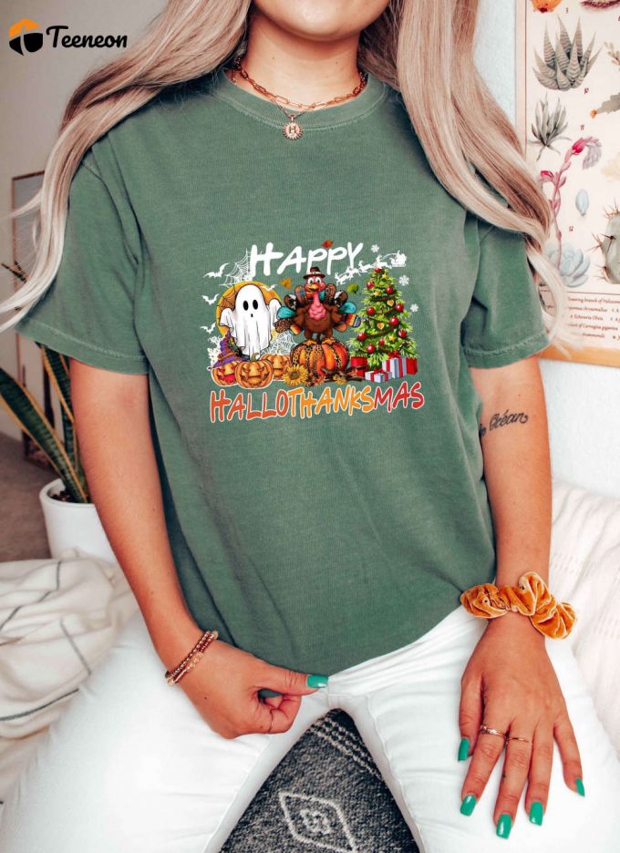 Get In The Spirit With Funny Thanksgiving T-Shirt Comfort Colors Shirt For Thanksgiving Party Hilarious Ghost &Amp;Amp; Turkey Vibes Tee Happy Hallothanksmas Trendy Fall Shirt 1