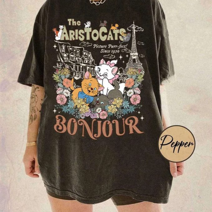 Disney Vintage Aristocats Bonjour Comfort Colors Shirt - Floral Marie Berlioz Toulouse - Disneyland Vacation Tee 2