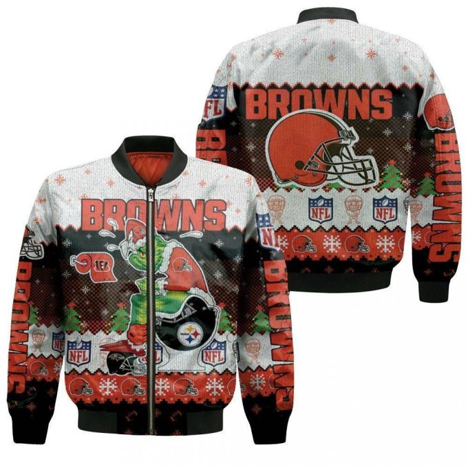 Christmas Cleveland Browns Grinch In Toilet Christmas Knitting Patt Bomber Jacket  – Gift For Men Women