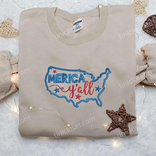 Merica Y all Map Embroidered Shirt: B Gift for Men Women Patriotic Shirts for 4th of July National Day Gifts