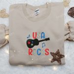 Rock the 4th of July with our USA Guitar Rocks Embroidered Shirt – B Gift for Men Women Patriotic Shirts & National Day Gifts!