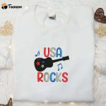 Rock the 4th of July with our USA Guitar Rocks Embroidered Shirt – B Gift for Men Women Patriotic Shirts & National Day Gifts!