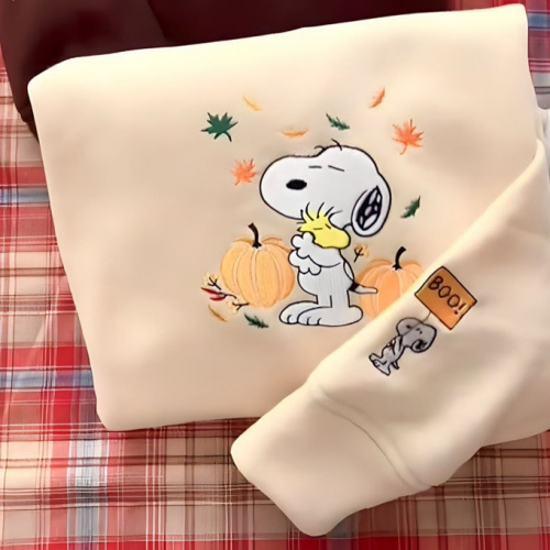 Boo Snoopy Hugging Woodstock Pumpkin Shirt – Autumn Leaves Embroidered Perfect for Fall Fun!