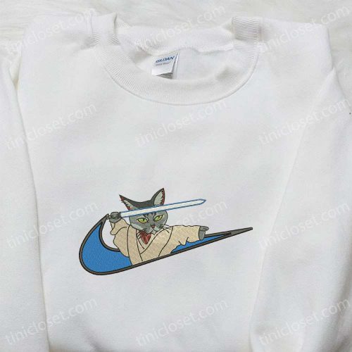 Cat with Sword x Swoosh Embroidered Hoodie & Cartoon Nike Inspired Shirt: Trendy and Fun Apparel!