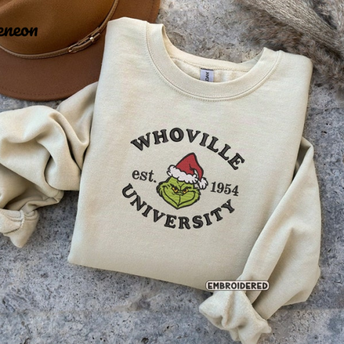 Get Festive in Style with Whoville University Christmas Crewneck Sweatshirt – Embroidered & Cozy