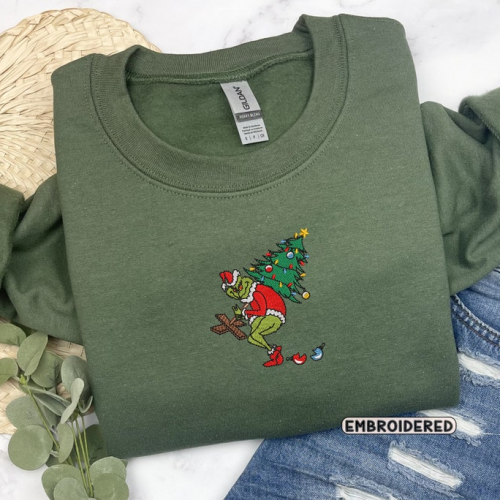 Get in the Holiday Spirit with our Christmas Grinch Tree Embroidered Shirt – Perfect for Festive Celebrations!