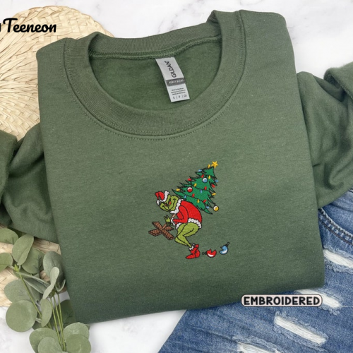 Get in the Holiday Spirit with our Christmas Grinch Tree Embroidered Shirt – Perfect for Festive Celebrations!