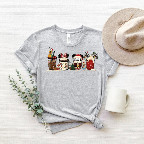 Cute Disney Mickey Minnie Pluto Christmas Coffee T-shirt – Festive Holiday Apparel for Disney Fans