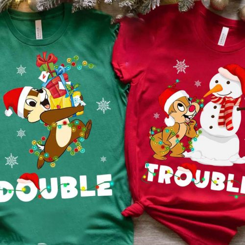 Get Festive with Disney Couple Chip N Dale Double Trouble Christmas Light T-Shirt!