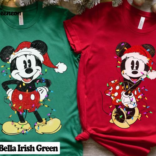 Spread Holiday Cheer with Disney Couples Mickey and Minnie Mouse Christmas Lights T-Shirt