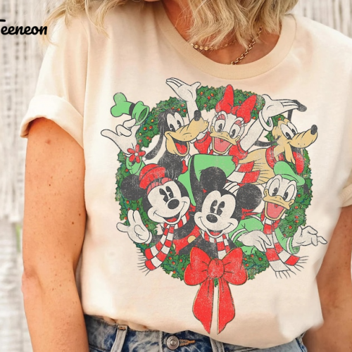 Spread Holiday Cheer with Disney Group Shot Christmas Wreath Mickey And Friends Shirt