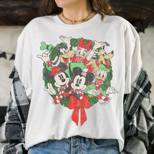 Spread Holiday Cheer with Disney Group Shot Christmas Wreath Mickey And Friends Shirt